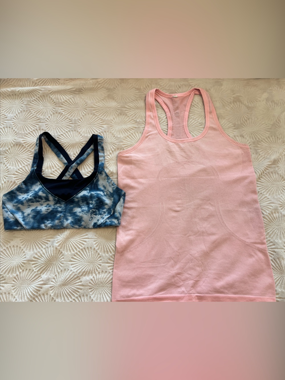 Lululemon Pink Racerback Tank Top and Blue Tie-Dye Sports Bra Set size 8